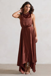 Chocolate Brown Satin Cowl-Neck Maxi Dress
